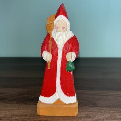Folk Art Carved Wooden Sant Claus Figurine Hand Painted Vintage 6.5" Red Green