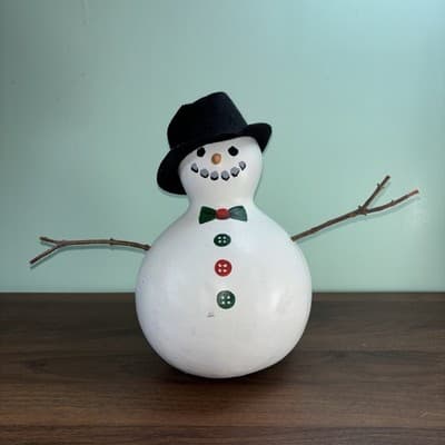 10.5” GOURD SNOWMAN Felt Top hat Bow tie Rustic Cute Coal Eyes Buttons Carrot