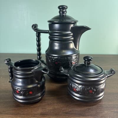 Royal Sealy Japan Redware Metallic Black Red Four Cup Tea Pot Sugar Creamer VTG