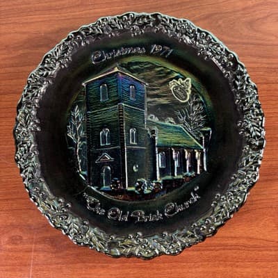 Fenton Amethyst Carnival Glass 1971 Christmas America #2 Plate Old Brick Church