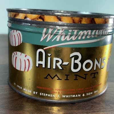 Vintage WHITMANS AIR-BONS MINTS Key Style Tin Canister 1954 Teal Candy Mints