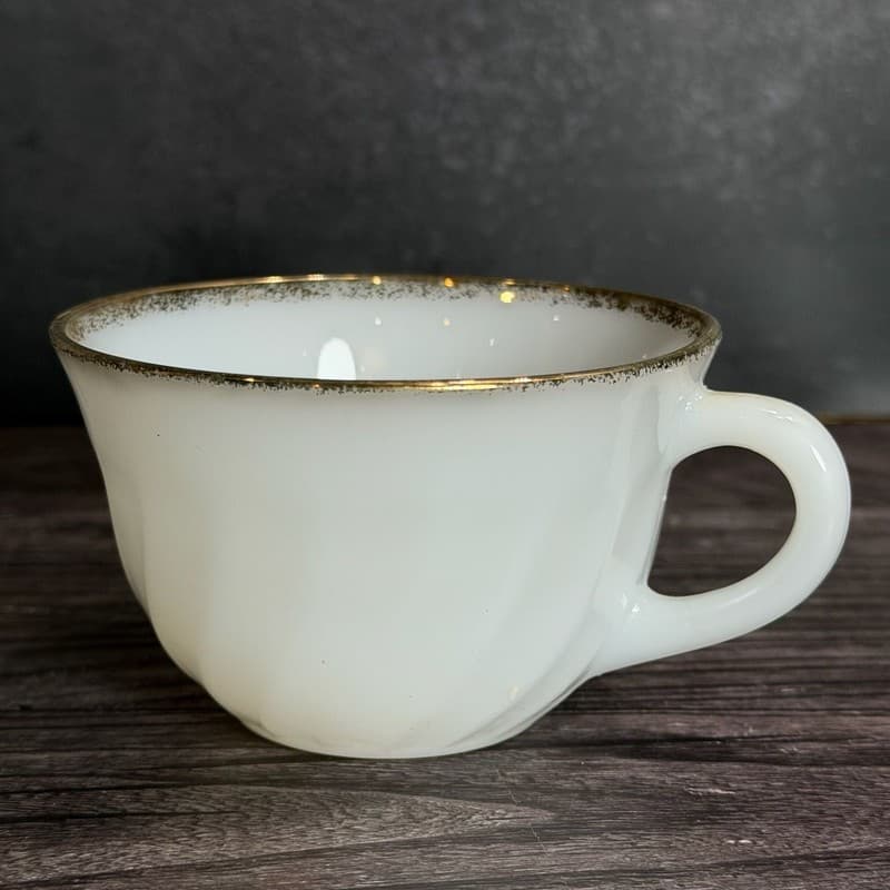 Fire-King Swirl Milk Glass Teacup with Gold Rim