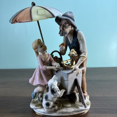 Norleans Porcelain Large Figurine Hand Painted Apple Sales Cart Umbrella Vintage