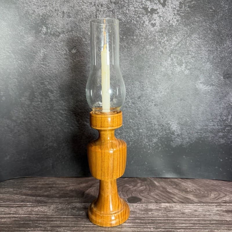 Vintage Mid-Century Modern Turned Wood Hurricane Candle Holder with Glass Chimne