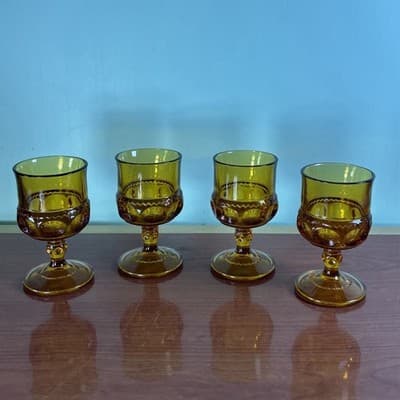 (4) Amber Indiana Glass Thumbprint Kings Crown Goblets Cordial Glass 4 1/4” VT