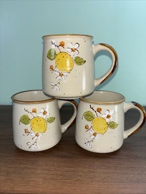 Vintage Hand-Painted Mug Lemon Tree Blooms Speckled Pottery Norleans (Korea) Set