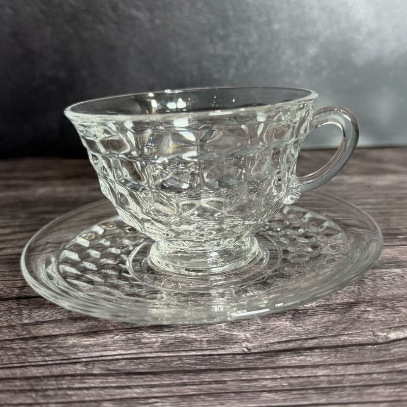 Vintage Fostoria American Clear Cubist Cup and Saucer Set