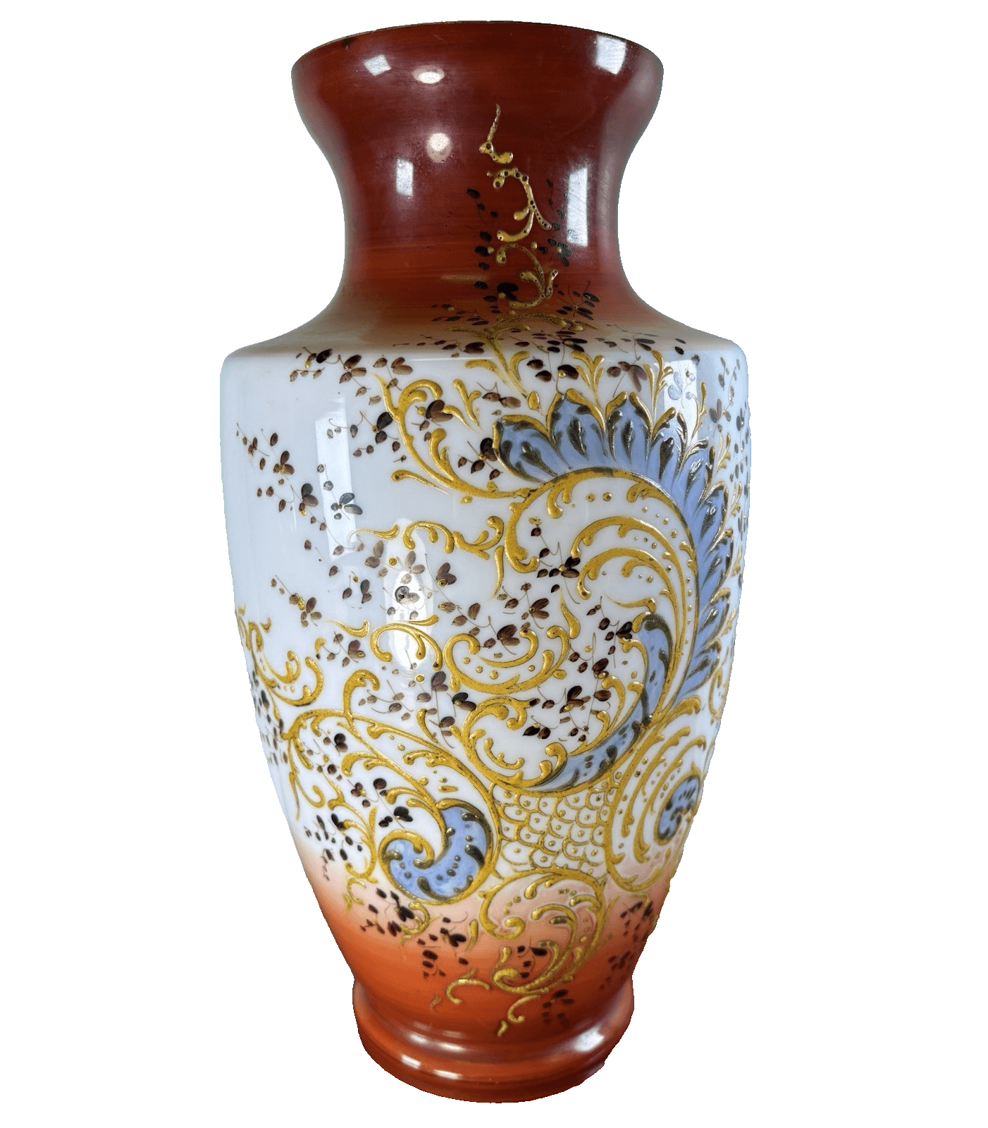 Antique Large White Orange Glass Vase Gold Embossed Hand Painted Paisley