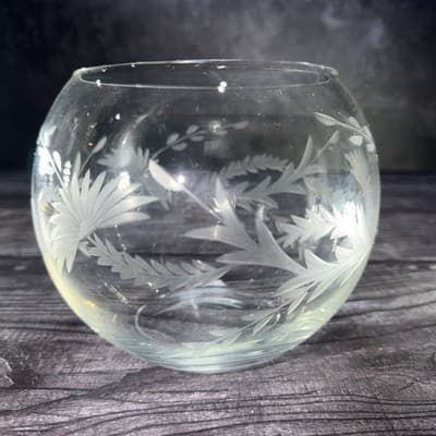 Etched Leaves And Flowers On Round Glass Crystal Flower Vase Rose Bowl Vintage