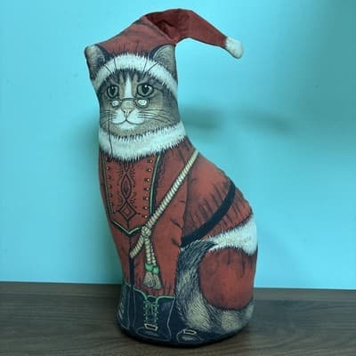 VTG Standing Christmas Cat Santa Paws Door Stop Doll Fiddlers Elbow Toy Work 15"