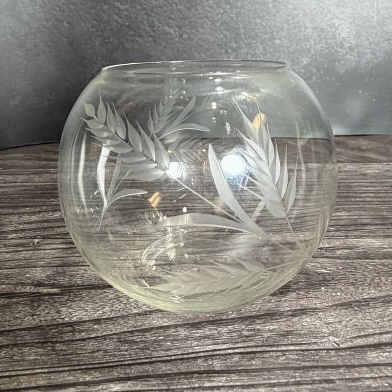 Vintage Hand-Engraved Wheat Grain Etched Crystal Rose Bowl Vase Rose Bowl