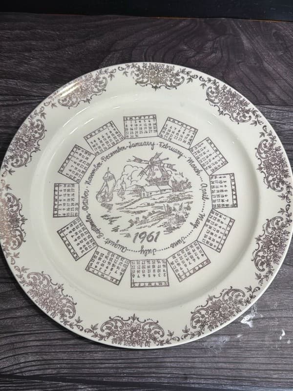 Vintage Taylor Smith Taylor 1961 Calendar Plate Windmill Scene Brown Transferwar