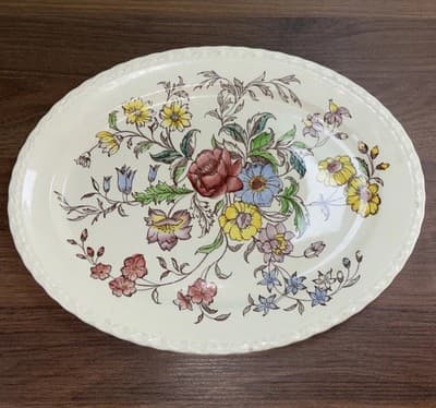 Vintage Vernon Kilns Oval Serving Platter 14” May Flower; Made USA Hand Paint
