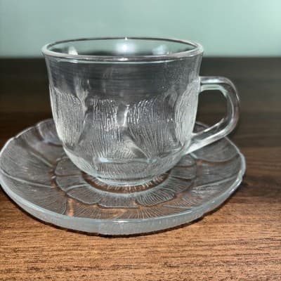 Arcoroc Glass Co. FLEUR Crystal Cup and Saucer Set