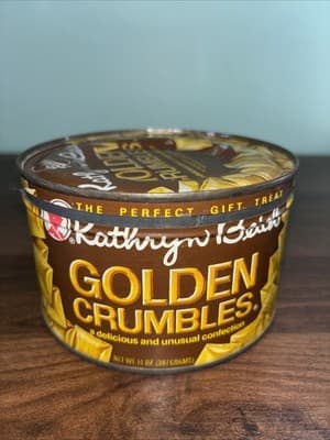Vintage KATHRYN BEICH GOLDEN CRUMBLES Candy Tin BLOOMINGTON ILLINOIS Key Style
