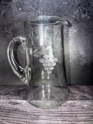Vintage Clear Glass Pitcher With Etched Grapes & Leaves- 8.5” Tall