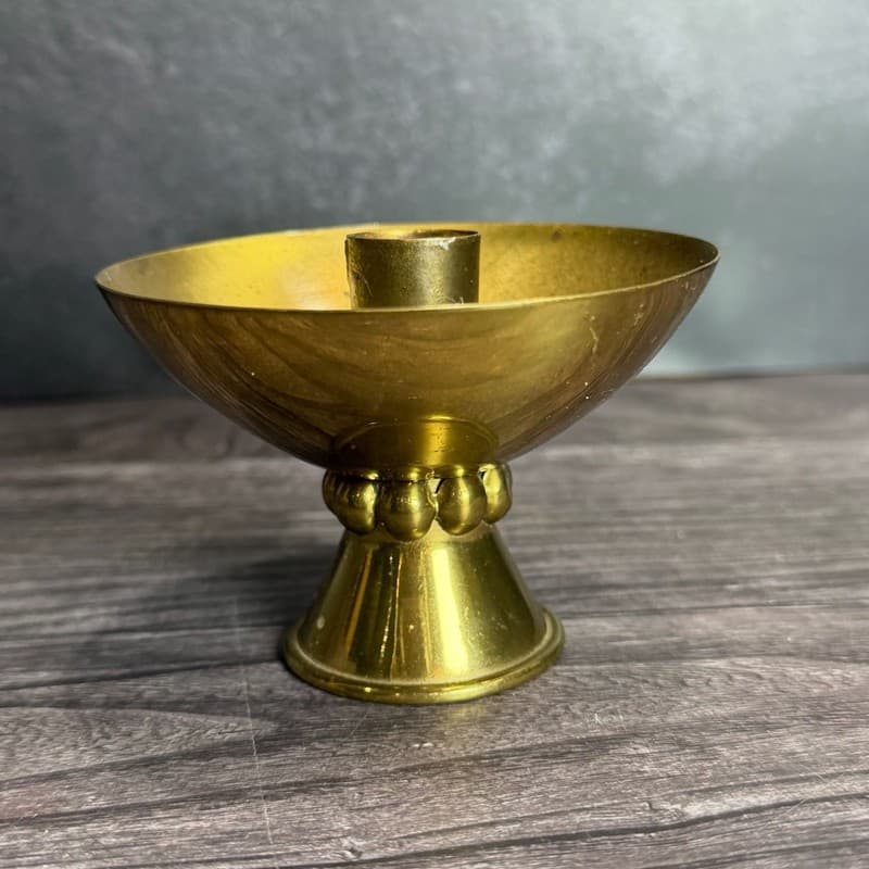 Vintage Mid-Century Modern Brass Chalice Style Taper Candle Holder with Beaded S