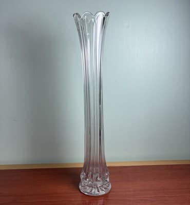 Vintage MCM Tall 13.5” Clear Ribbed Swung Stretched Glass Floor Vase Glows #3