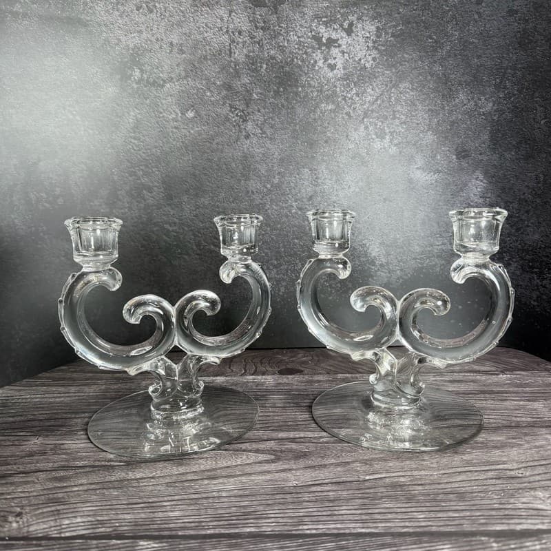 Vintage Fostoria Century Manganese Glass Double Candelabra Candlestick Holders -
