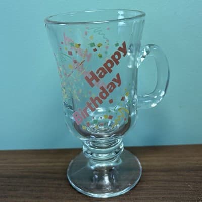 Happy Birthday Vintage 80’s Footed Glass Coffee Cup Pink Yellow Green Confetti