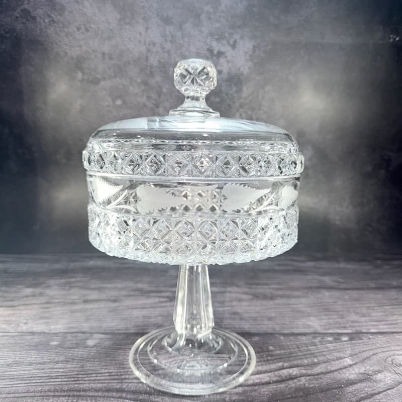 Antique Mascotte Pattern Covered Pedestal Compote with Fern Etching EAPG 1884