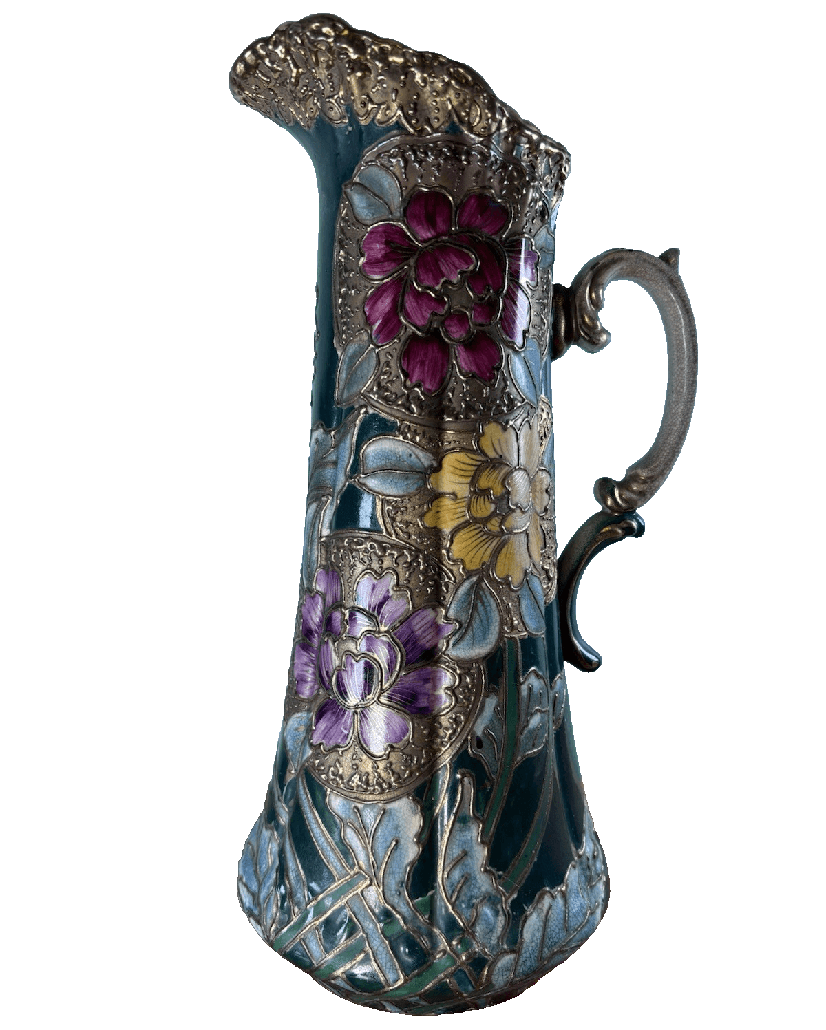 Antique 15 1/4” Porcelain Hand Painted Flowers Pitcher Tankard Raised Gold Vtg