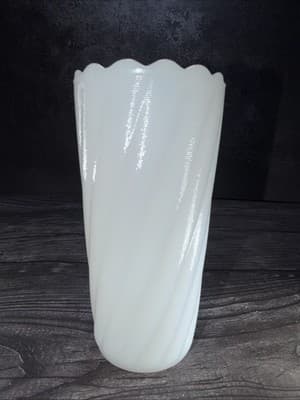Vintage E.O Brody 7" Milk Glass Vase Wide Top Ribbed And Swirled