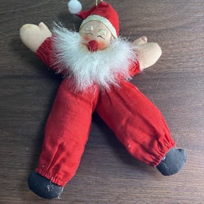 Vintage Santa Cloth Pixie Bendable Christmas Ornament Fuzzy Beard Painted Face