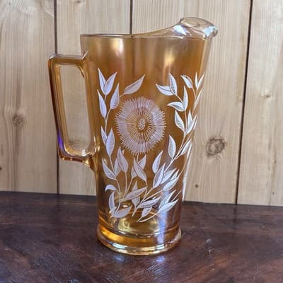 Vintage Jeannette Iridescent Marigold Carnival Glass Pitcher White Floral 10”