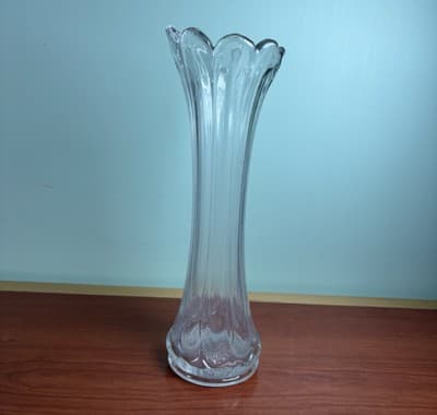 Vintage MCM Wider 11” Clear Ribbed Swung Stretched Glass Floor Vase Glows #6