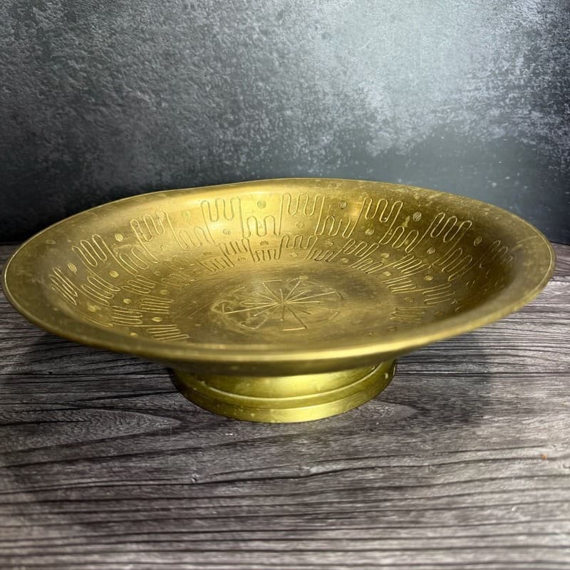 Vintage Etched Brass Footed Offering Bowl Made in India