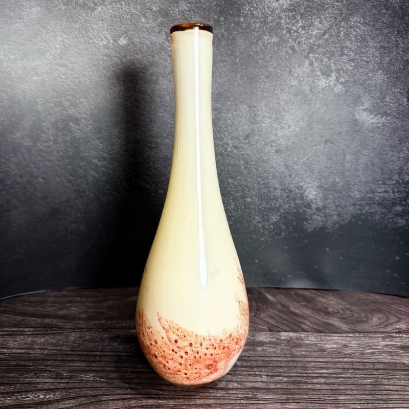 Vintage Hand Blown Mid-Century Art Glass Bud Vase Amber Rim Cream & Red Lava Dri