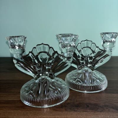 Two Vintage Clear Glass Iris Pattern Double Candlesticks Jeanette 1950’s MCM