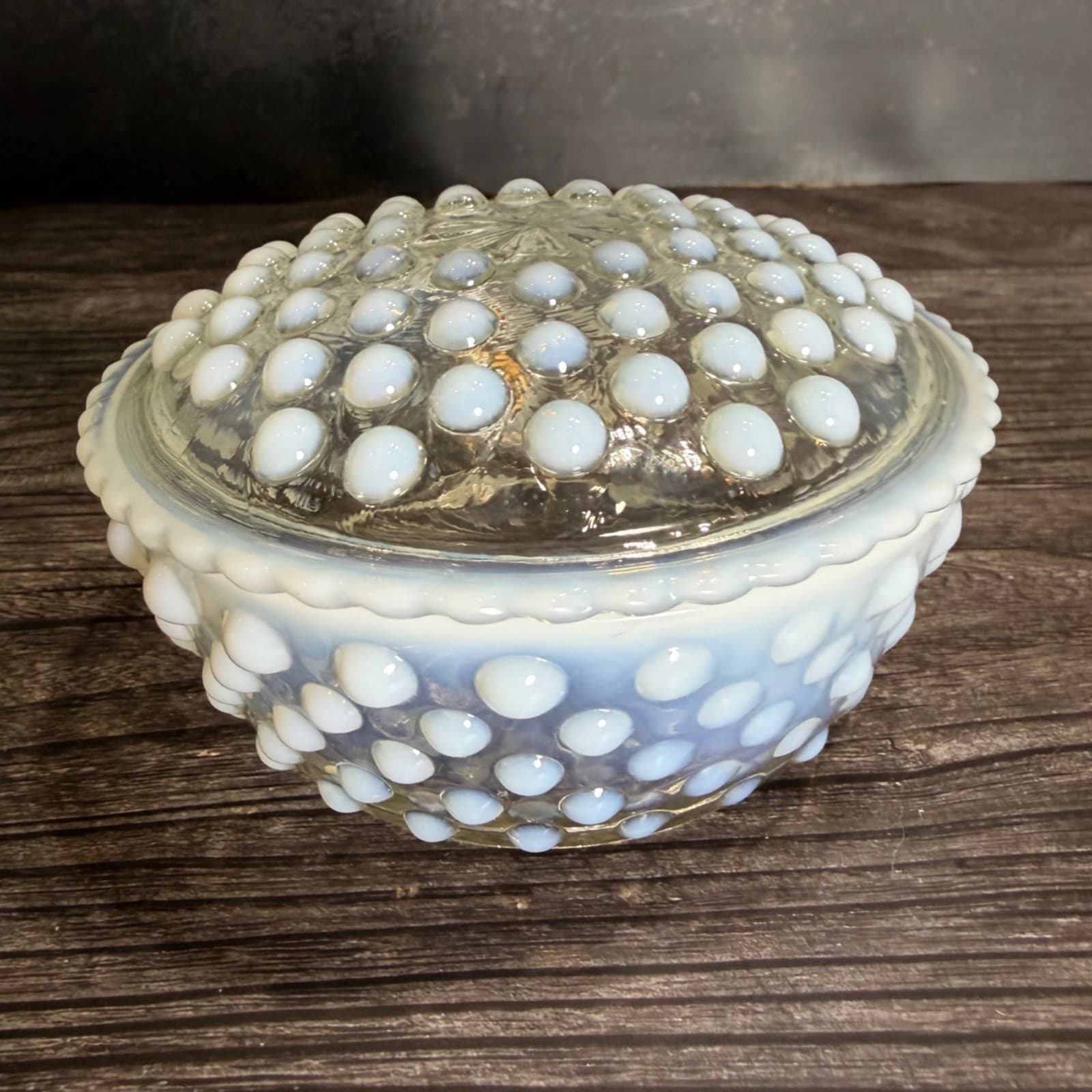 Anchor Hocking Moonstone Hobnail Opalescent Glass Lidded Candy Dish 5"