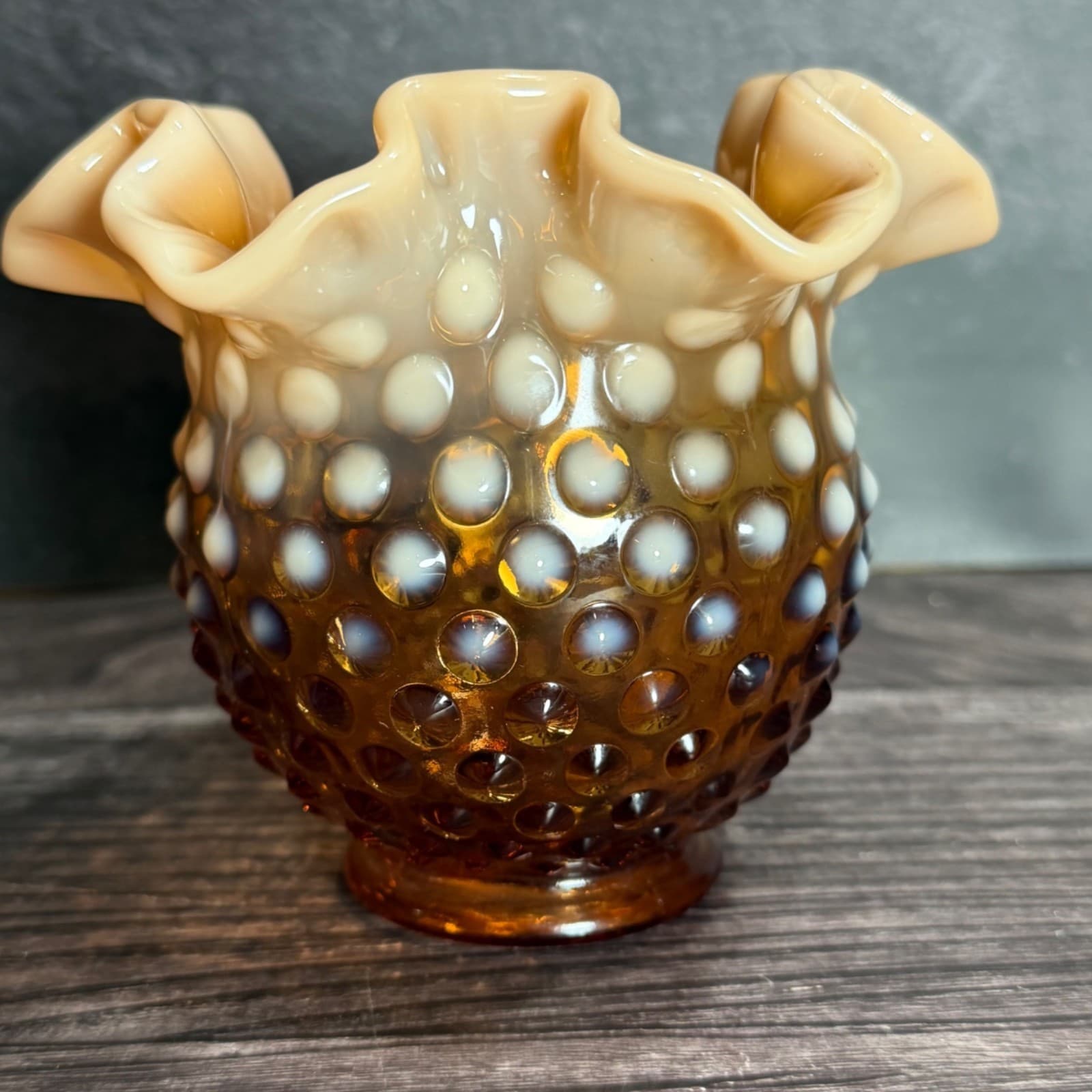 Fenton Cameo Opalescent Hobnail Glass Rose Bowl Vase 5" Ruffled Top Vintage Deco