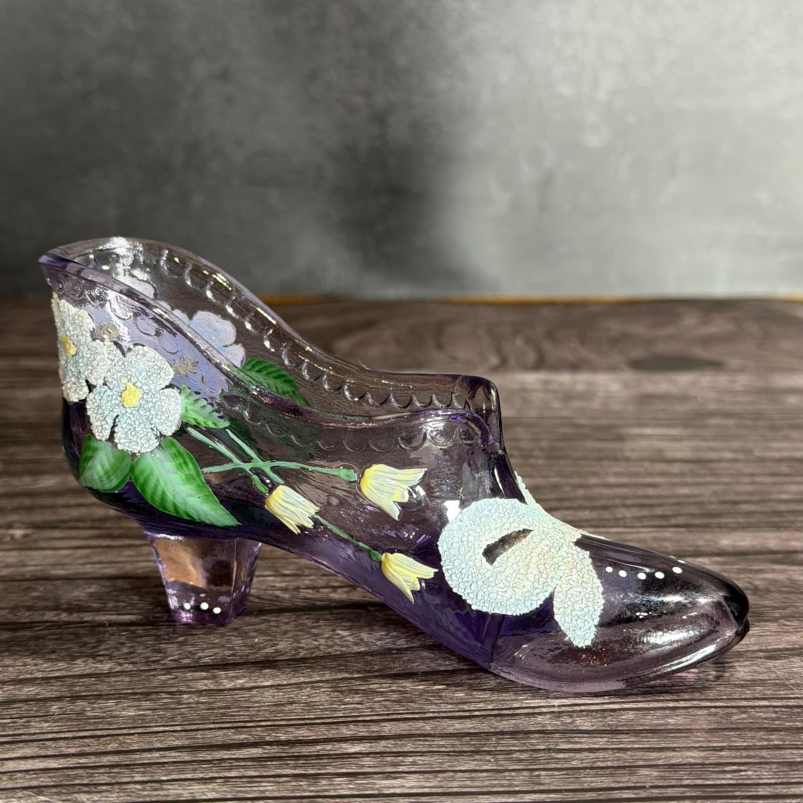 Fenton Art Glass Hand-Painted Purple Shoe W/ Floral Design By V. Elise Collectib