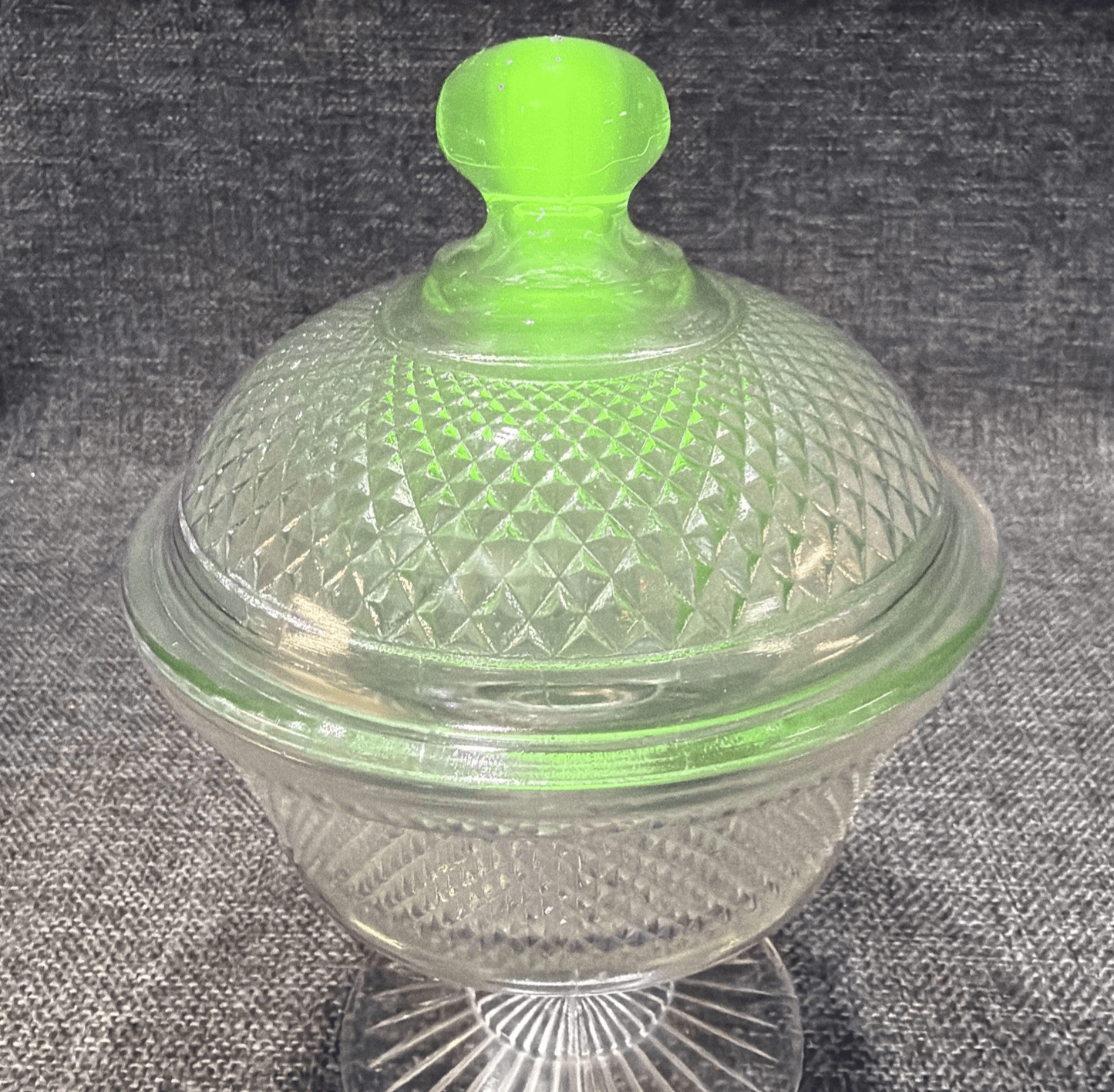 Antique Magnesium Glass Diamond Point Pedestal Dish Glows UV 365 Lavender Hue