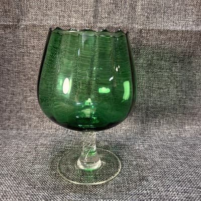 Empoli Italian Emerald Green Optic Glass Brandy Snifter Vase 6” Tall Twist