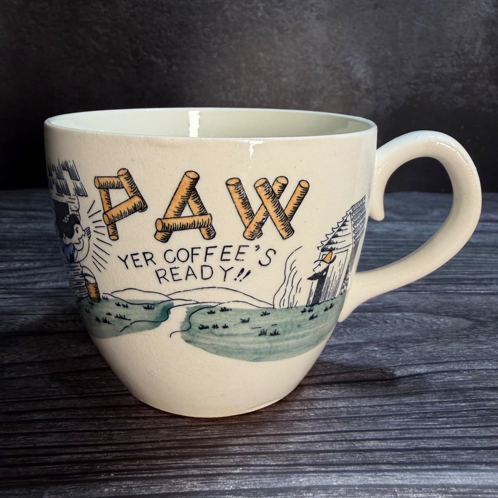 Paw Yer Coffees Ready VTG Ceramic Coffee Mug 1950s Retro Cabin Made In Japan