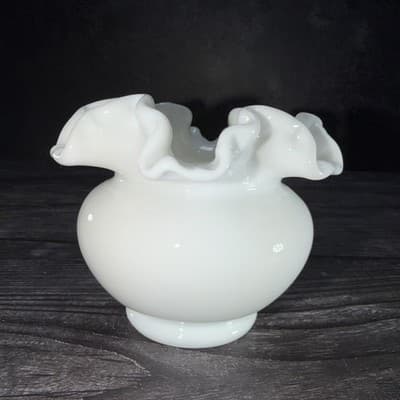 Vintage Milk Glass Bud Vase Planter Smooth Small Double Ruffled Edge Round Rose