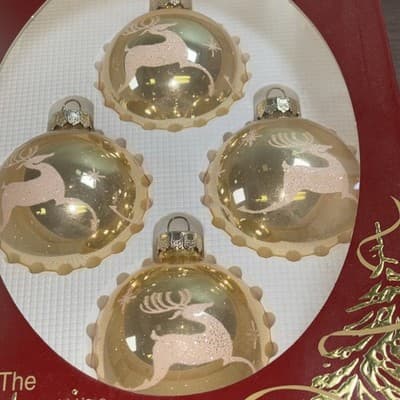 Vintage Victoria Collection 4 Gold Glitter Reindeer Glass Christmas Ornaments