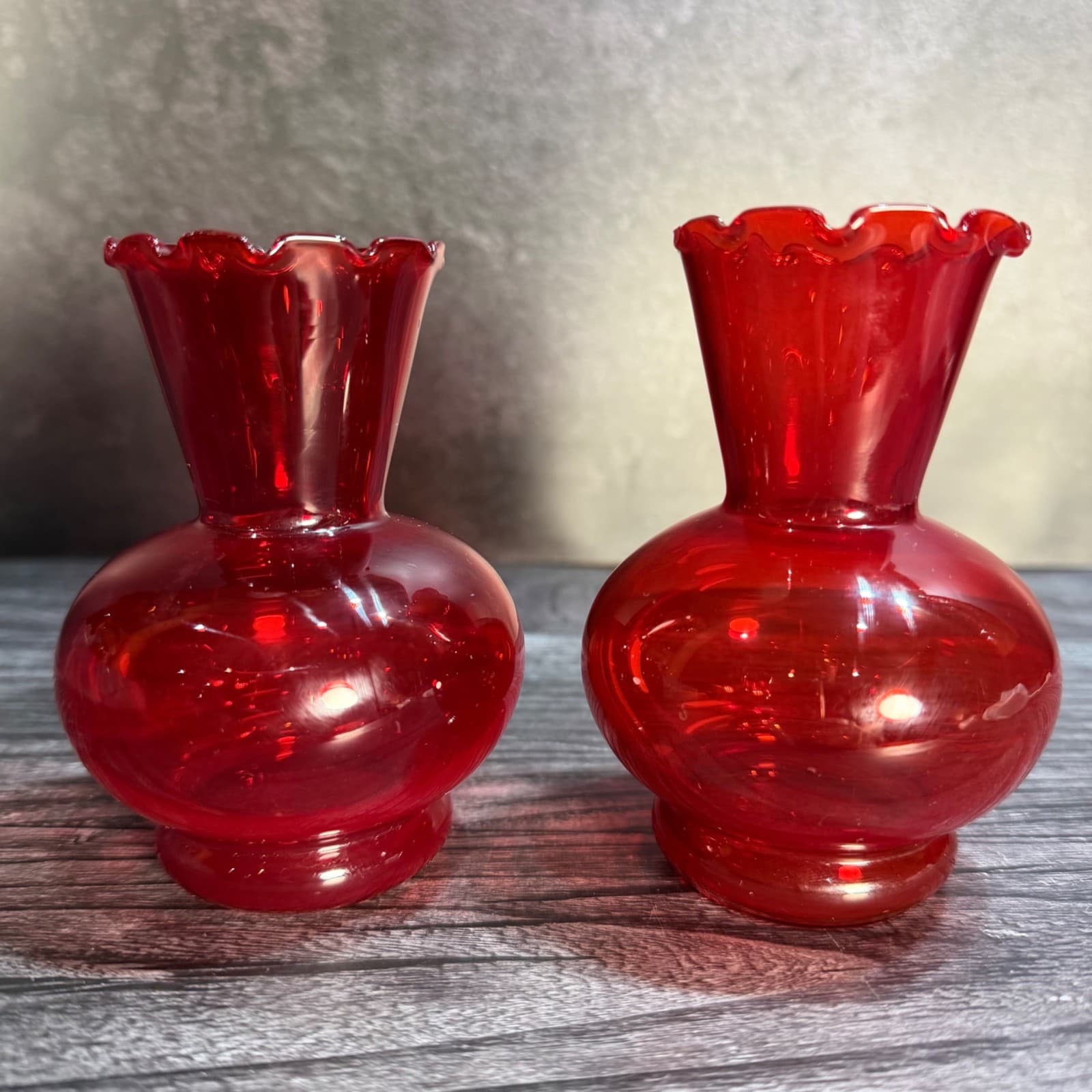 Pair VTG Ruby Red Glass Small Vases Ruffled Edge Elegant Mid-Century Style Blood