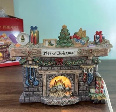 Vintage Lighted Ceramic Christmas Stone fireplace with a mantel Night Light