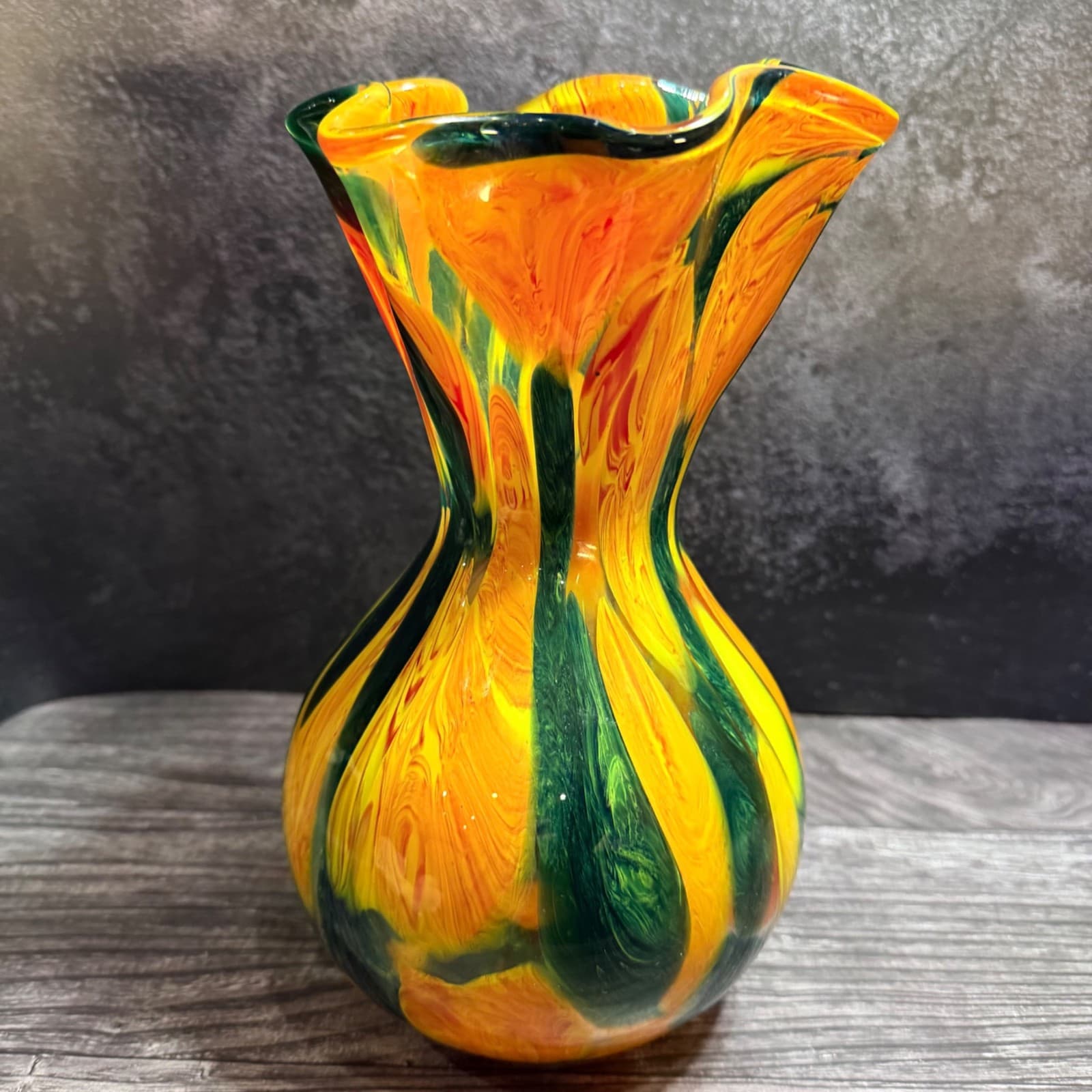 Hand Blown Swirled Art Glass 11.5" Vase Ruffled Edges Orange & Green Vintage
