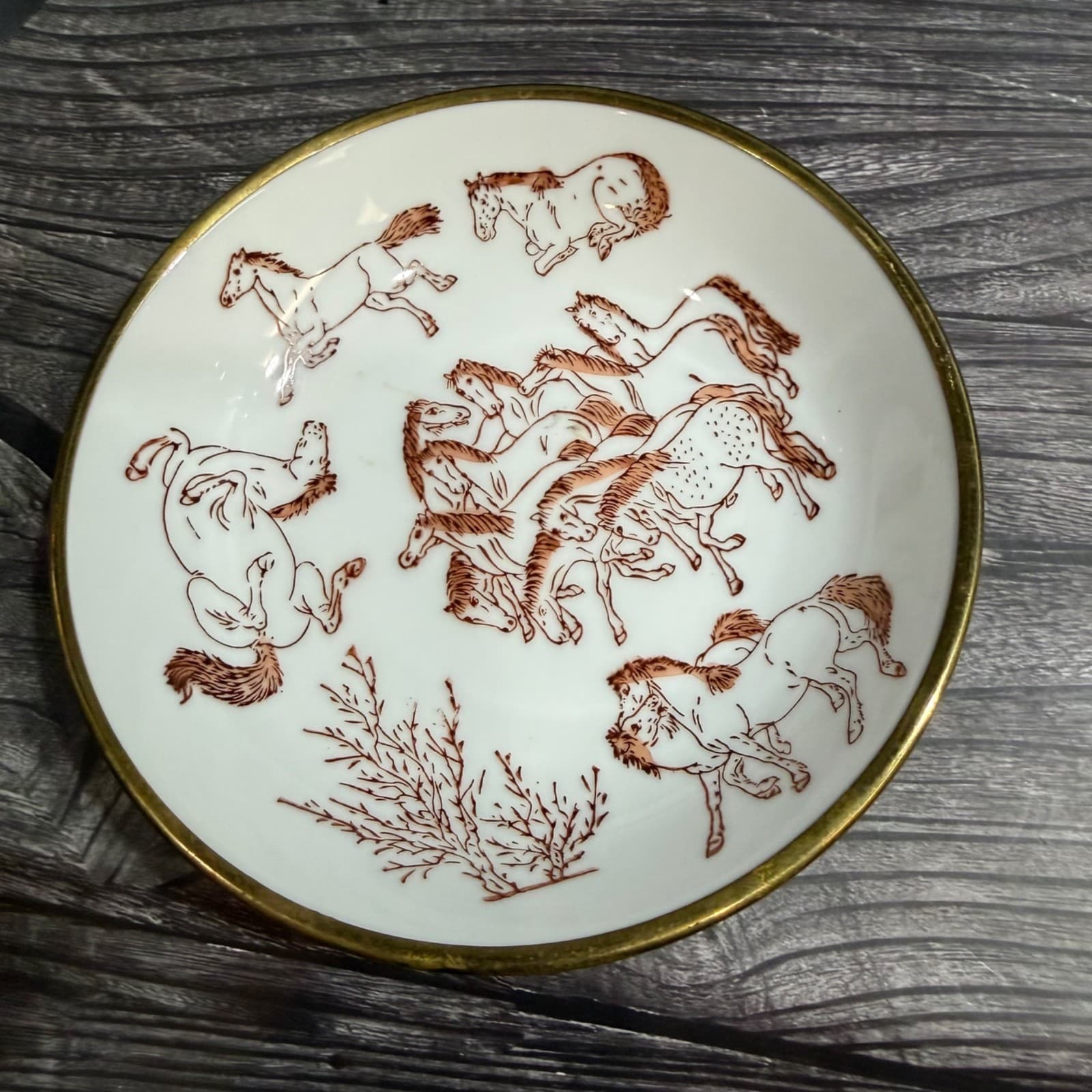 Hand-Painted Decorative Bowl With 100 Horse Motif & Copper Rim Oriental Dish