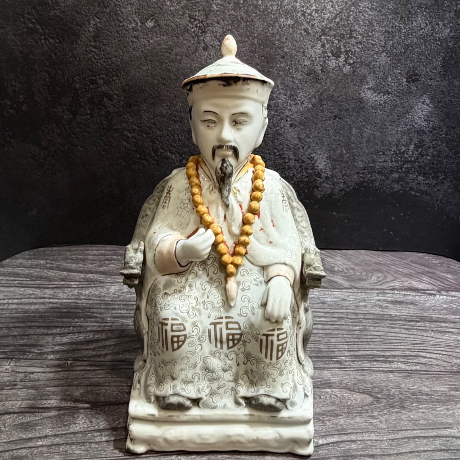 Porcelain Chinese Scholar Figurine In Traditional Robes With Beaded Necklace Han