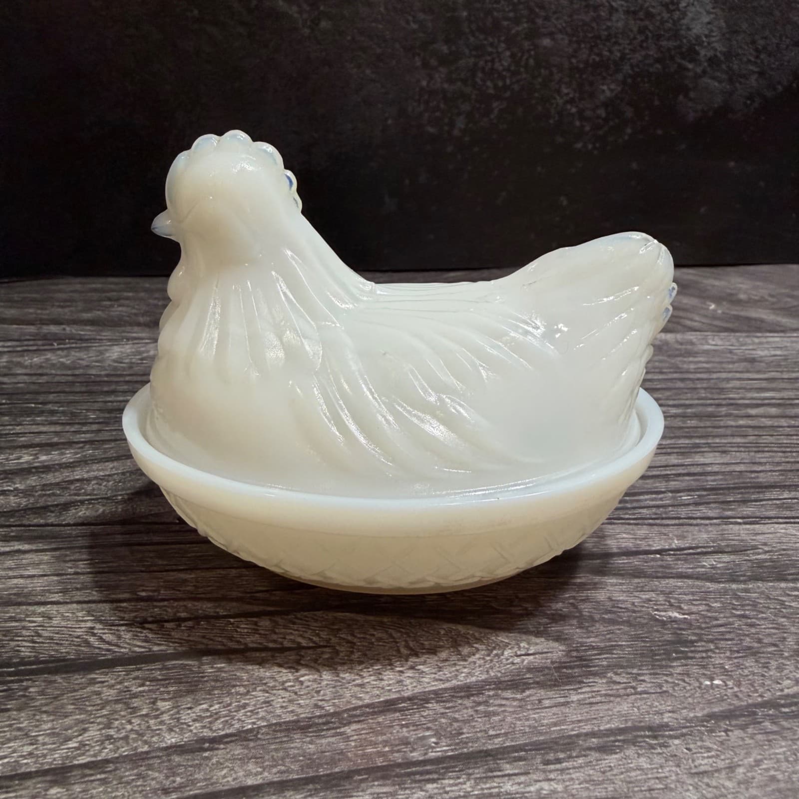 Hen On Nest Dish With Lid Hazel Atlas Platonite Opaline Milk Glass Smaller Size
