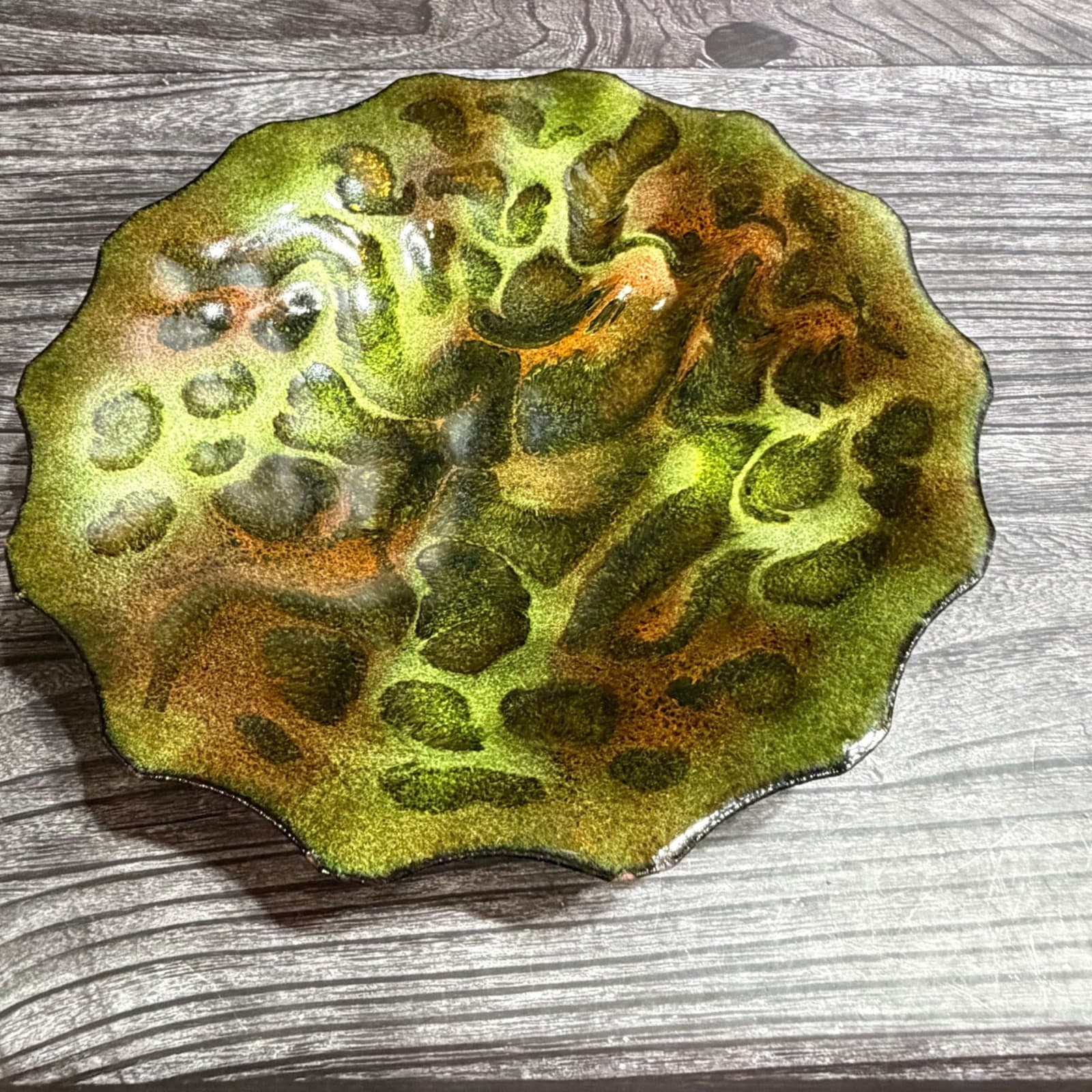 MCM Enamel On Copper Abstract Trinket Dish Plate Green Amber Metal Soap Dish