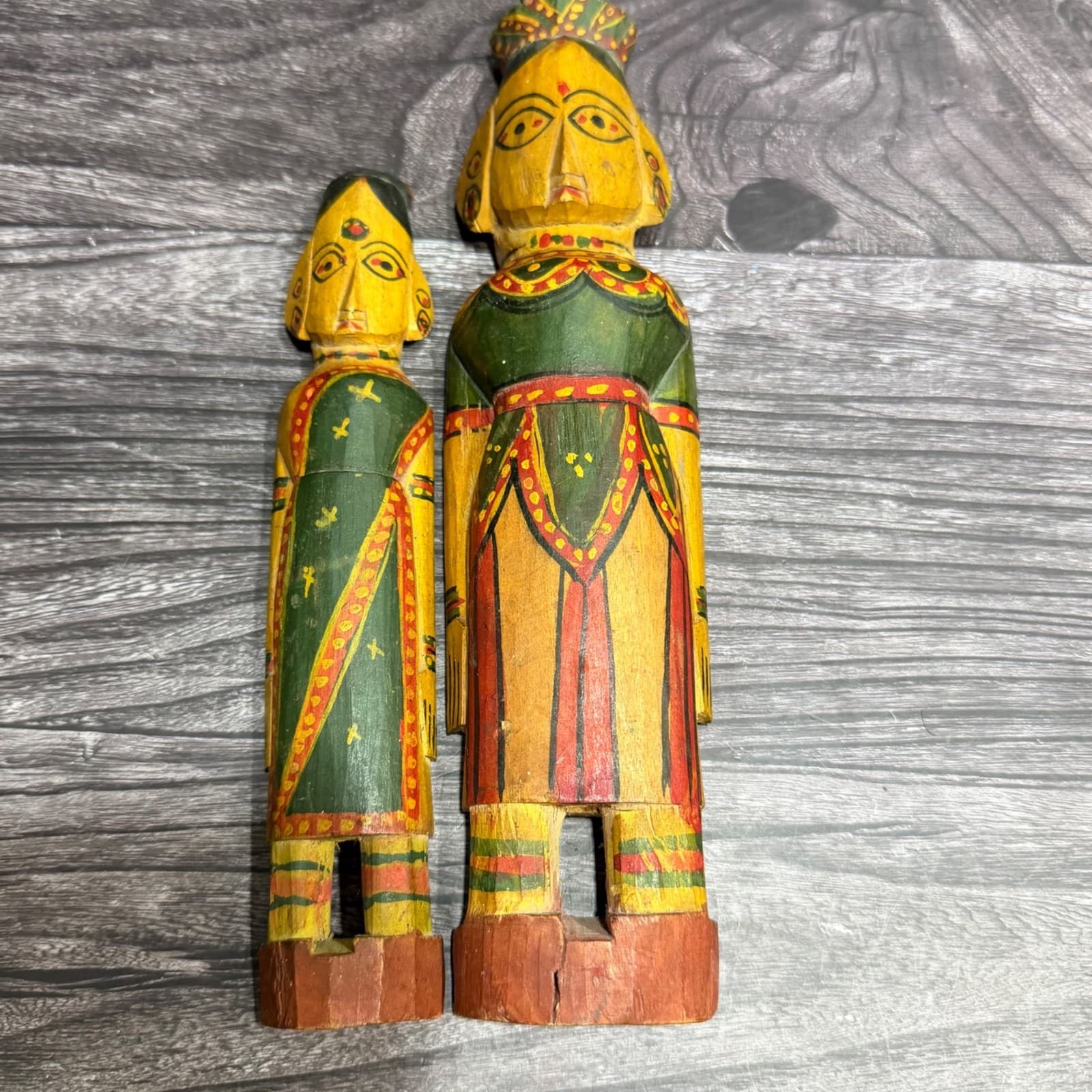Hand-Painted Vintage Wooden Figurines In Folk Art Style - Set Of 2 Green & Yello