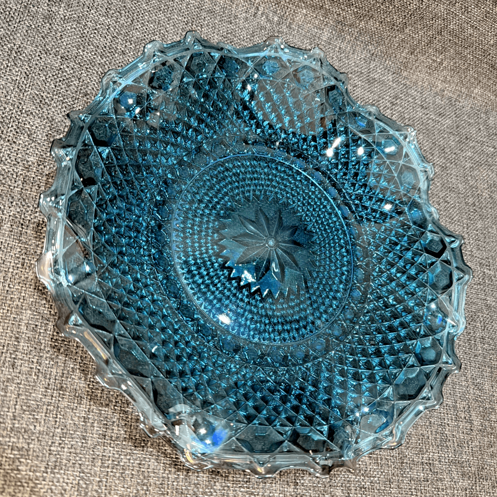 Glows Indiana Glass Windsor Blue Carnival Glass Diamond Point Ruffled Bowl Tray
